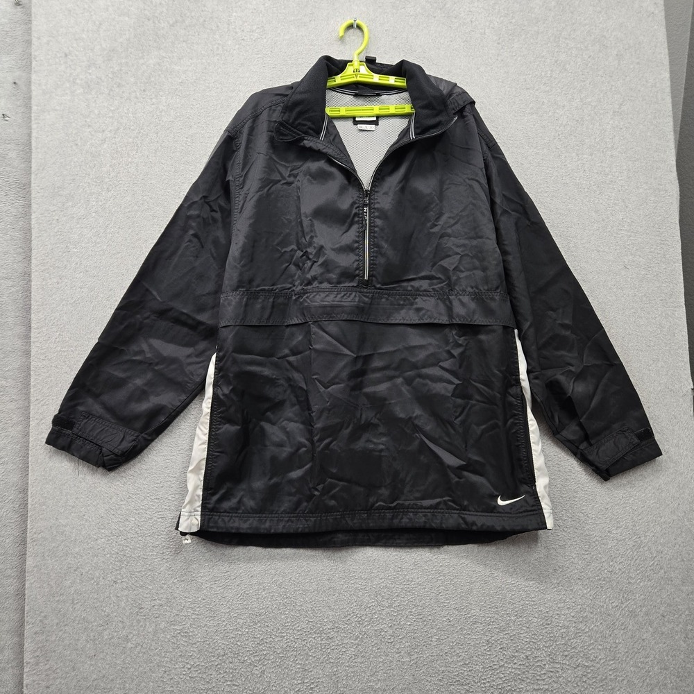 VINTAGE Nike Men Activewear Jacket XL Black Anorak Swoosh Logo Hooded 1/2 Zip